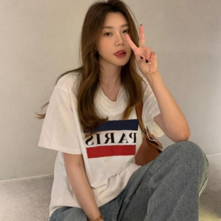 여성 여름 파리레터링 순면 반팔 오버핏 티셔츠 여자티셔츠 루즈핏 캐주얼룩 데일리 기본티