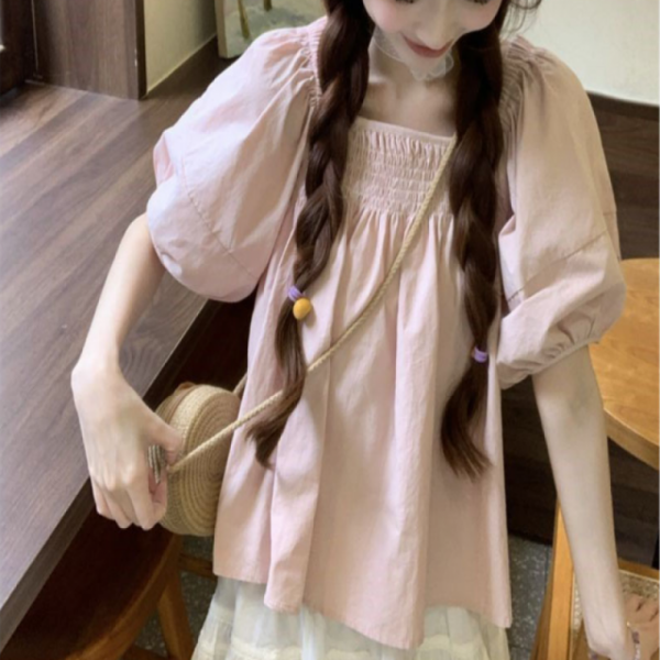 여성반팔블라우스 퀘어넥 벌룬소매 스모크밴딩 반팔블라우스 사무실 하객룩 파티룩