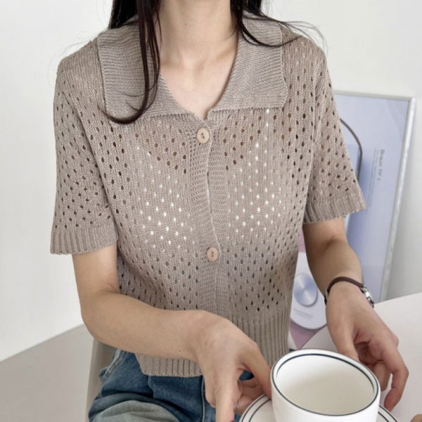 여성반팔니트티 사이즈 F 77 카라넥 펀칭 반팔 크롭 니트티 여름니트셔츠 사무실 출퇴근