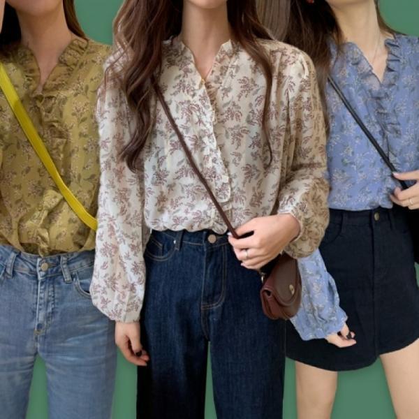 여성 봄 여름 긴팔 프릴 블라우스 브라우스