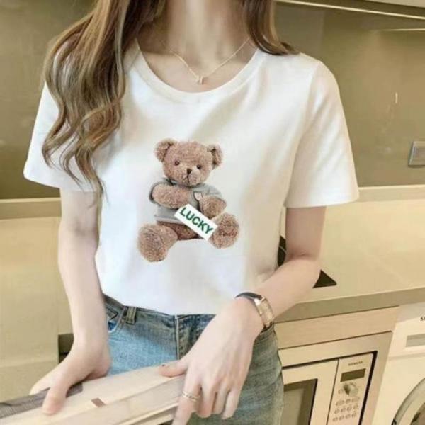 여성 티셔츠 라운드 반팔 곰돌이 프린팅 데일리티