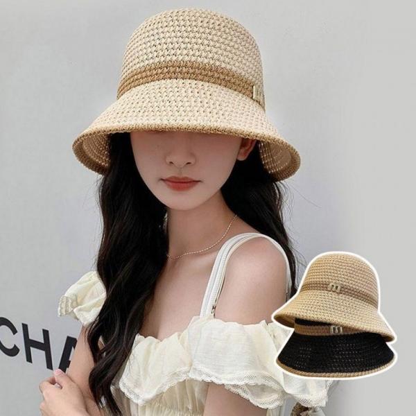 깔끔한 여성 스타일 외출 나들이 나트 짜임 버킷햇 비치캡 왕골 모자 라탄 밀짚모자 여름