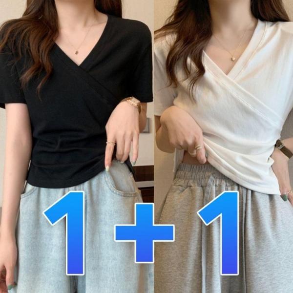 1+1 여성 브이넥 반팔티 셔링 스판 랩 무지 티셔츠 면티 이너 흰티 이너티 면티셔츠