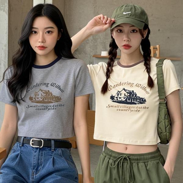 여성 여름 티셔츠 프린팅 세미 크롭 반팔 티
