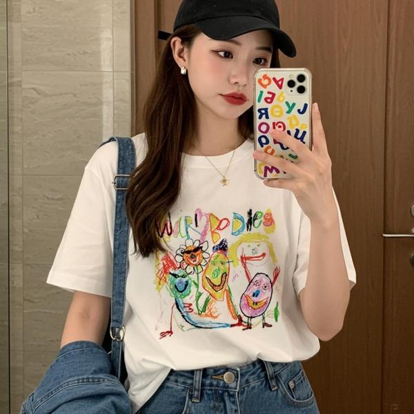 여성 여름 티셔츠 예쁜 프린팅 라운드 반팔 흰 티