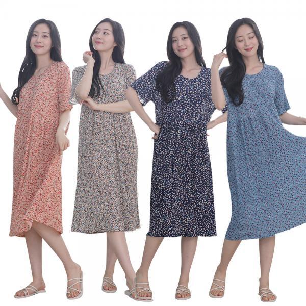 여성 꽃주름 파자마 원피스 ops 플 쿨링 플라워 반팔 골지 촌캉스 아이스 여름잠옷 홈웨어