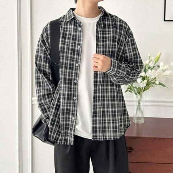 데일리 남자 체크 남방 오버핏 남성 긴팔 체크 셔츠