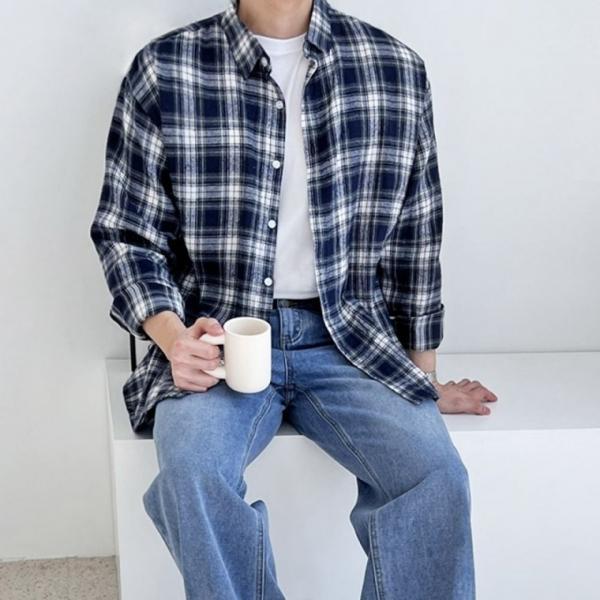 데일리 남자 체크 셔츠 오버핏 블라우스 남성 셔츠