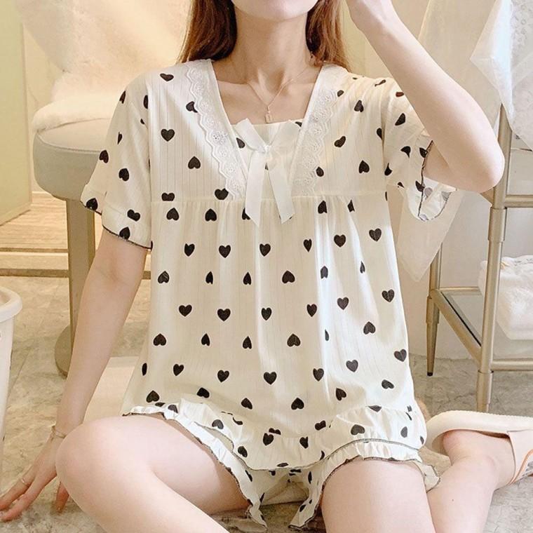 (반팔하트)여성 여름 잠옷 홈웨어 파자마 밴딩 세트