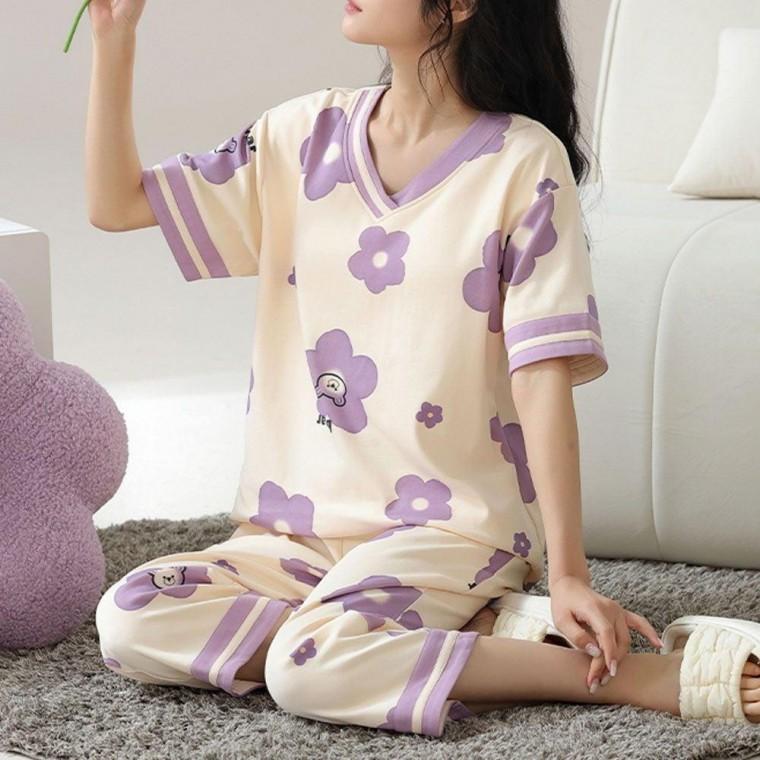 (퍼플플라워)여성 여름 잠옷 홈웨어 파자마 밴딩 세트