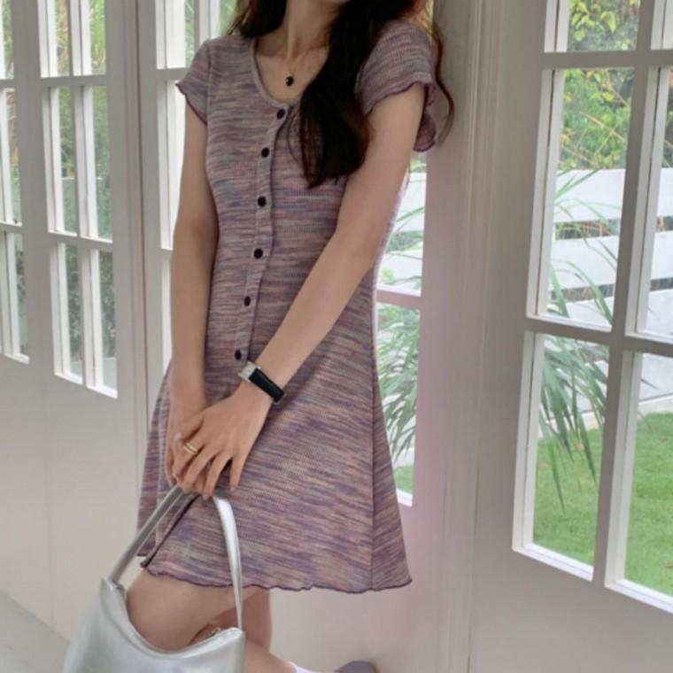 여성 슬림 라운드 스트라이프 배색 니트 미니 원피스