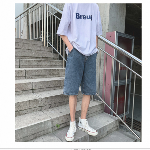 남성 청반바지 워싱진 데님팬츠 5부 와이드핏 반바지 아웃도어