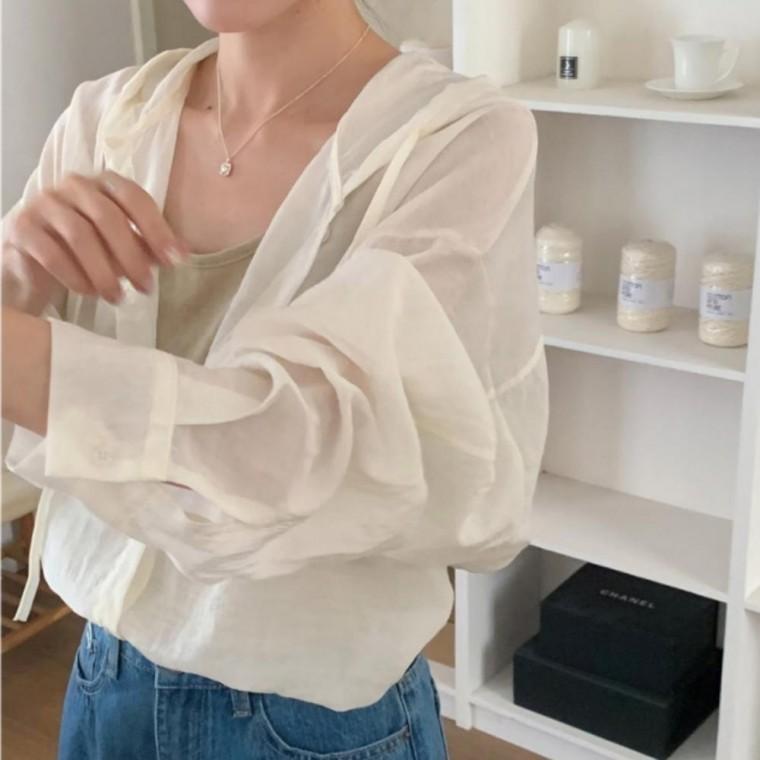 여성 여름 살안타 언발 루즈핏 캐주얼 시스루 후드 셔츠