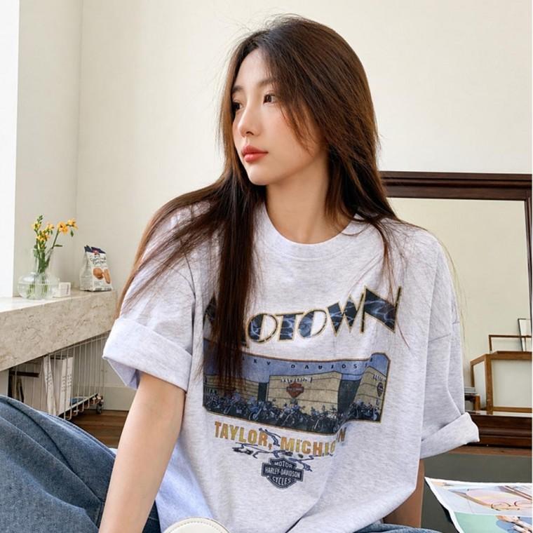 여성 오버핏 영문 드롭숄더 반팔 티셔츠