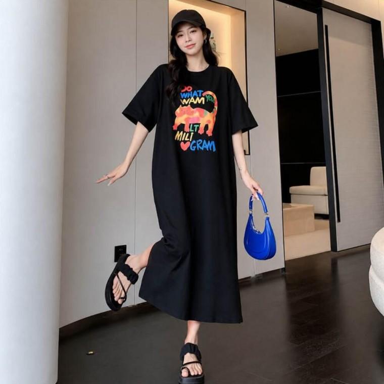 중앙에 컬러풀한 프린팅 포인트 캐주얼 반팔 롱원피스