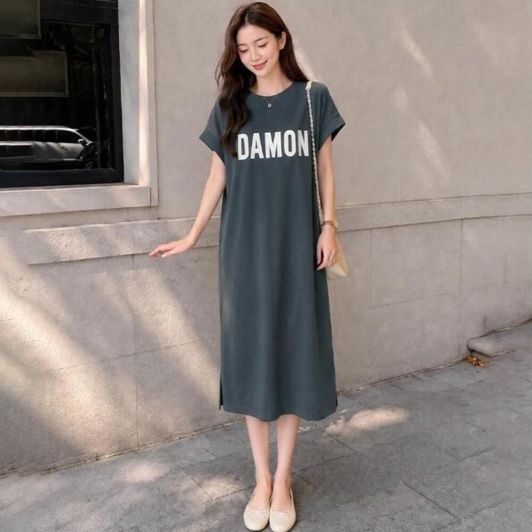 부드럽고 유연한 소재 캡 소매 디자인 반팔 롱 원피스
