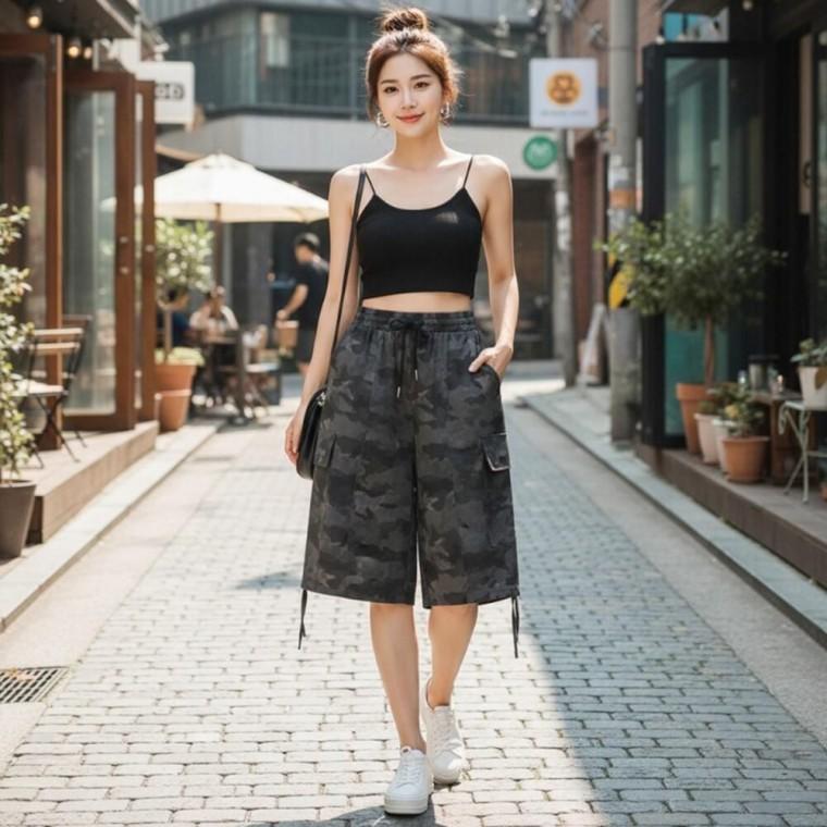 감각적인 카모플라쥬패턴 포인트 버뮤다핏 카고반바지