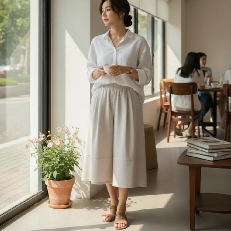 무릎 절개 디테일 허리밴딩 버뮤다 와이드 7부 반바지