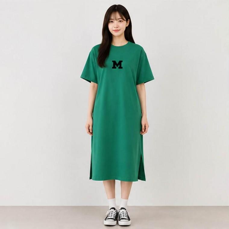 알파벳 M 레터링 포인트 여성 데일리 반팔 롱 원피스
