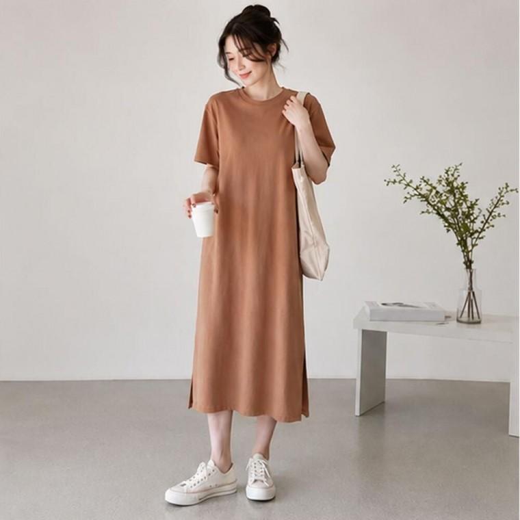 베이직한 디자인 깔끔한 라운드넥 무지 반팔 롱원피스