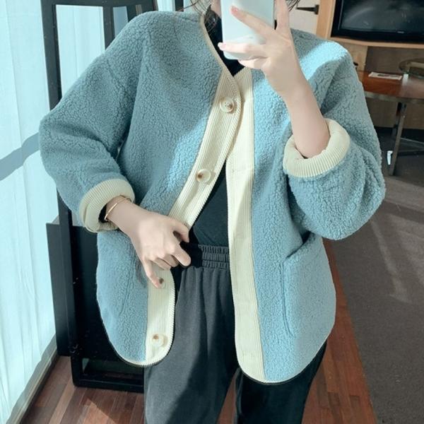 여자 겨울 배색 오버핏 뽀글이 페이크퍼 노카라 양털자켓 부클자켓 점퍼