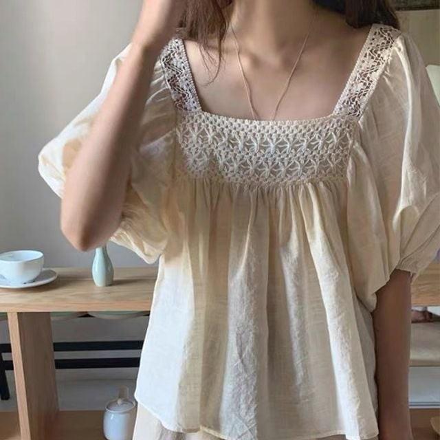 여리핏 블라우스 레이스 스퀘어넥 퍼프 데일리룩 하객룩 오피스룩 데이트룩 여성 의류