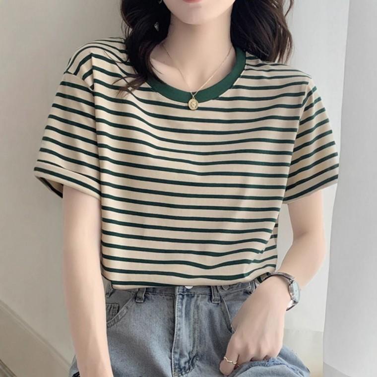 반팔 티셔츠 루즈핏 여성 캐주얼 스트라이프 여름 의류 반팔티 기본티 여자 예쁜 면티