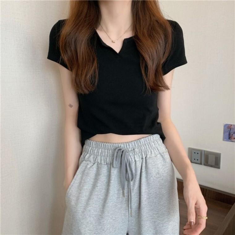 반팔티 여성 슬림핏 브이 트임 티셔츠 꾸안꾸룩 기본 데일리룩 의류 브이넥티 여름 여친룩