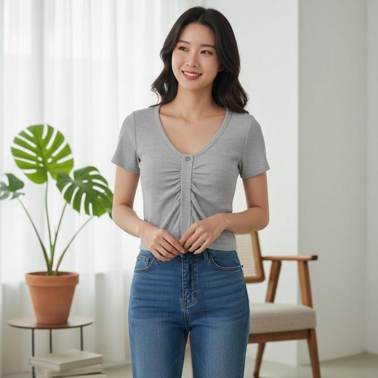 브라캡 티셔츠 호핀트 앞셔링 버튼 반팔 골지 단추 캡내장