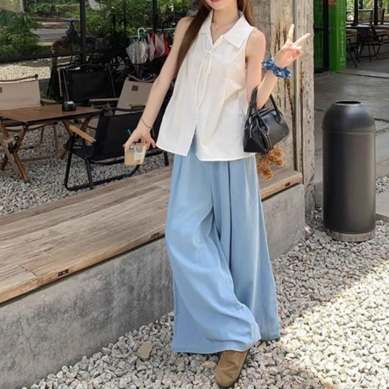나시 블라우스 에떼 리본 카라 민소매 셔츠 화이트