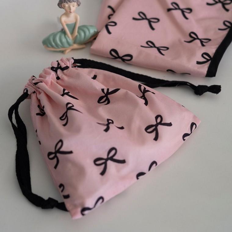 스트링 복조리 파우치 블랙앤 핑크 리본 패턴 소품 위생