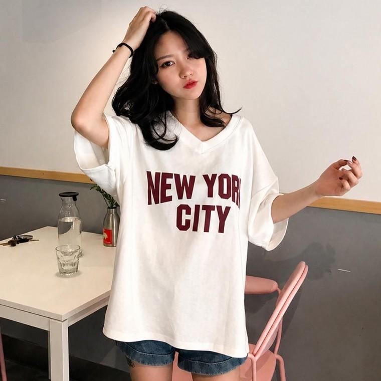 레터링 뉴욕 오버핏 반팔 티셔츠 여성 브이넥 빅 여자 반팔티 박시핏 레트로 영문