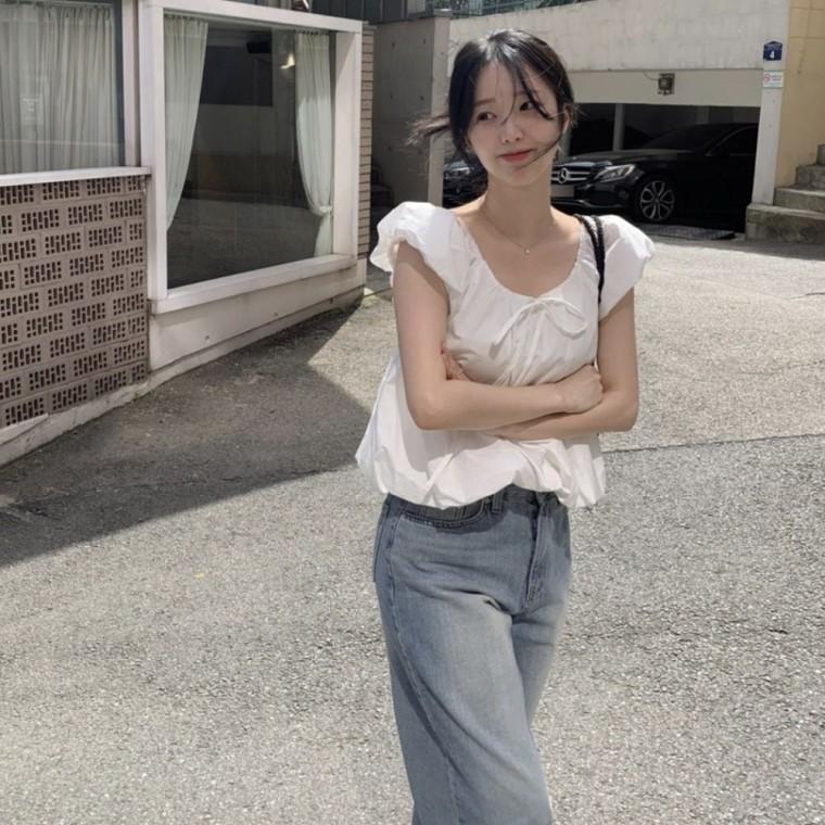 쉬폰 블라우스 러블리 퍼프소매 리본 여름 여성 의류 패션 시폰 가벼운