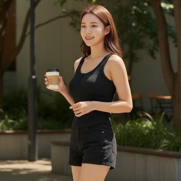 버튼 나시 벨버니 베이직 브라캡 슬리브리스 이너티 골지 캡내장