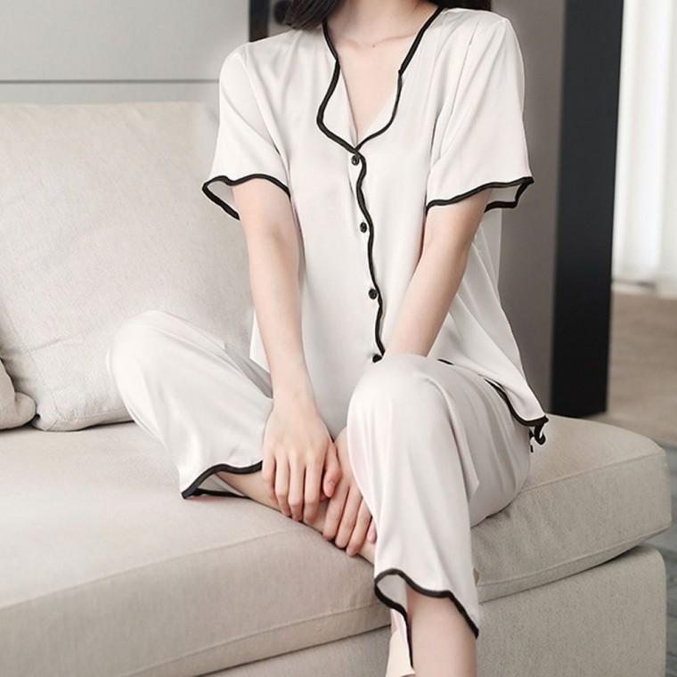 반팔 잠옷 부드러운 무지 실크 여성 여름 세트 홈웨어 실크홈웨어 파자마 여름홈웨어