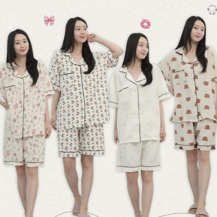 여성 곰돌이 반팔 잠옷세트 포포면 파자마 상하세트 카라 단추 데일리