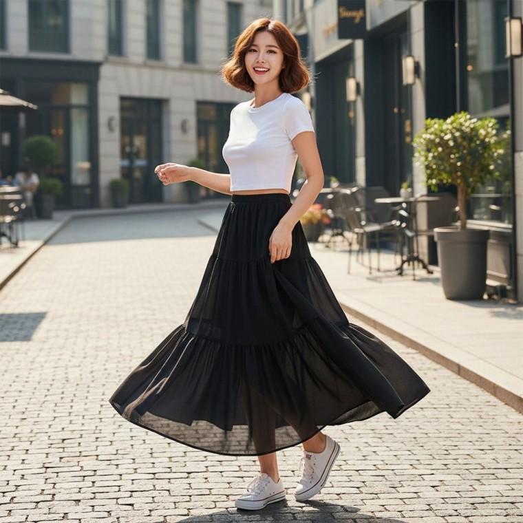 캉캉 롱스커트 힐런 시아 여름 티어드 여성 홈웨어 치마 플레어 A라인