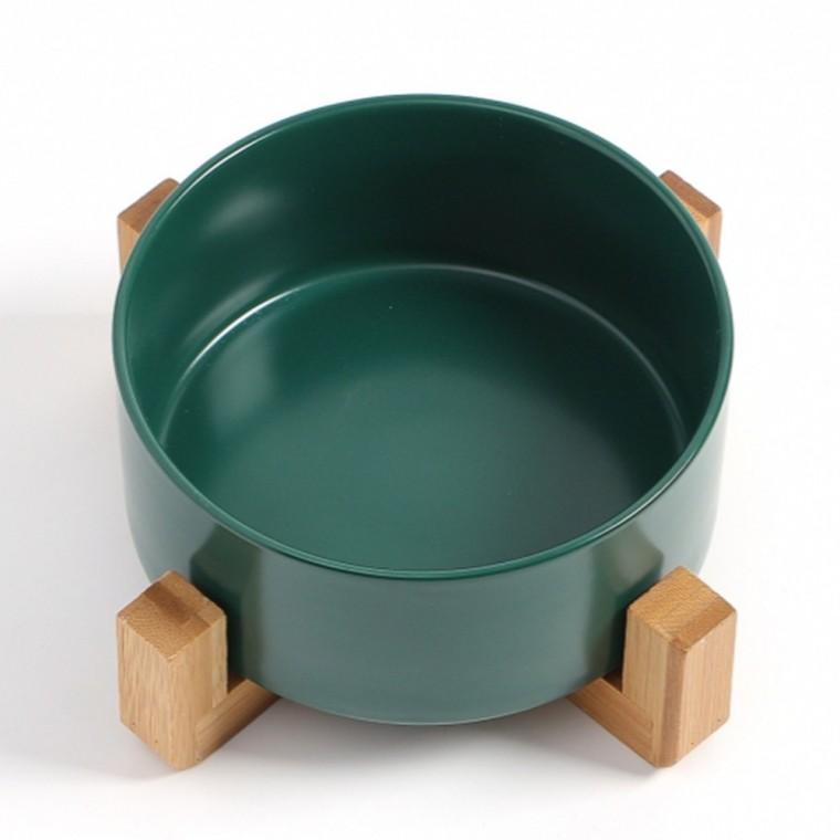 반려동물 우드받침 도자기식기 16cm 그린 턱드름예방 새균번식억제