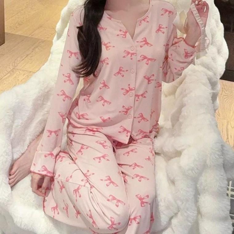 여성 긴팔 바지 잠옷 세트 예쁜 핑크 파자마 홈웨어