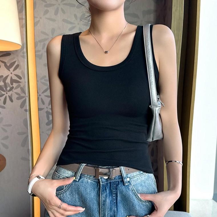 U넥 슬림핏 패드내장 무지 민소매 크롭나시티