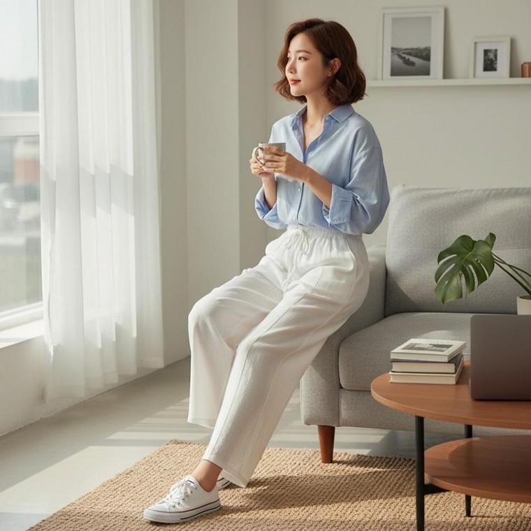 츠키얀스 린넨라이크 데님 와이드바지