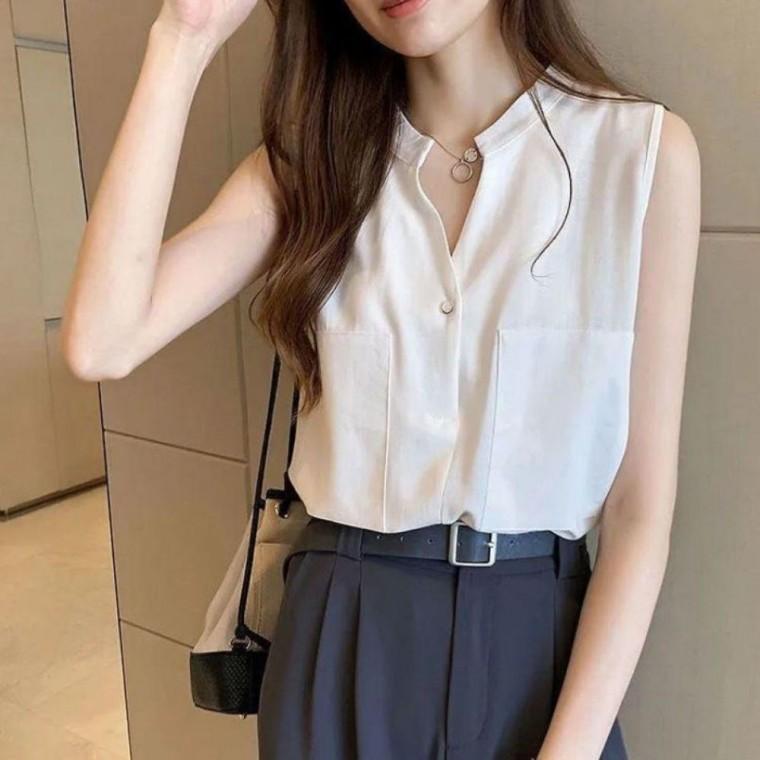 언발 하프 나시 투포켓 블라우스