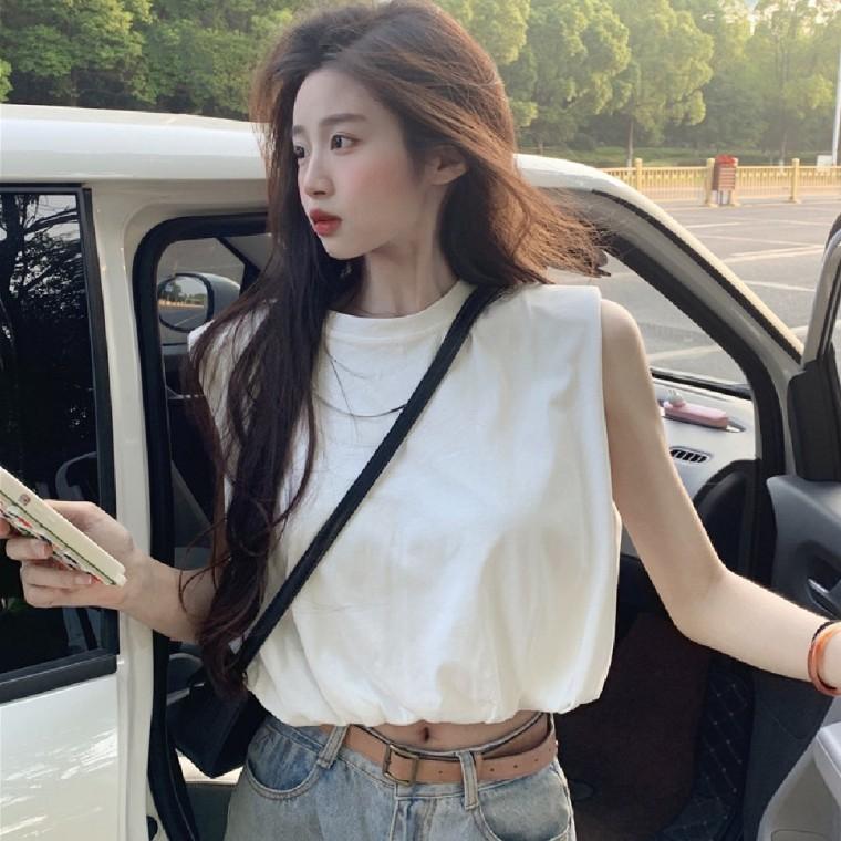 크롭 티셔츠 민소매 밴딩 캐주얼