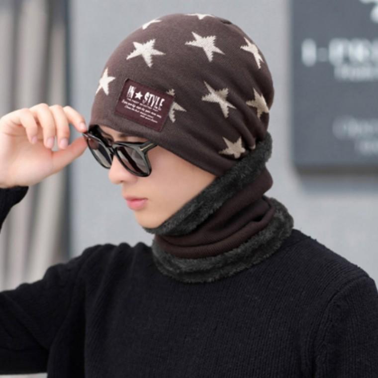스터닝 넥워머 비니 모자 세트 브라운 남성용 남녀공용넥워머 목도리