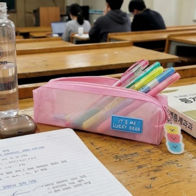 키링 포인트 슬림 메쉬 펜 파우치 학생 필통 핑크