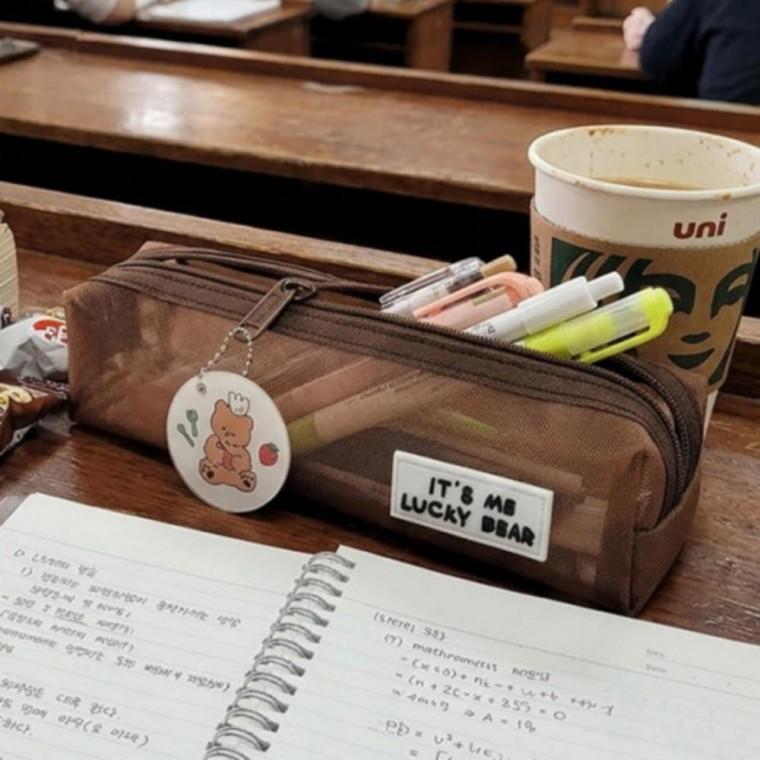 키링 포인트 슬림 메쉬 펜 파우치 학생 필통 브라운