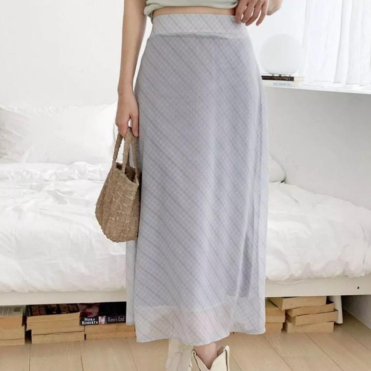 국내생산 체크 패턴 실루엣 플레어 롱스커트 JSD-1008983