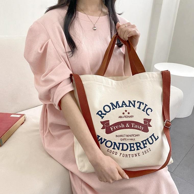 로맨틱 크로스 에코백 데일리 여성 숄더 학생 대학생 캔버스 아이보 리색