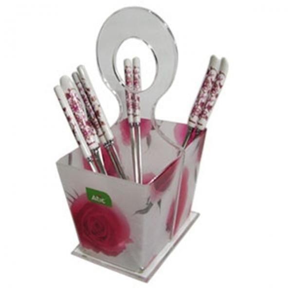 대 젓가락 한지 아크릴 정리 홍장미 2칸 수저통 포크