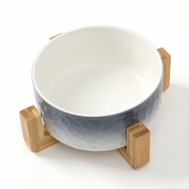 반려동물 우드받침 도자기식기 16cm 블루 고양이식기 턱드름예방
